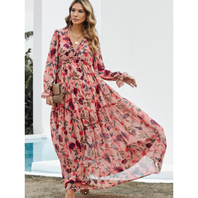 Ruffled tiered long-sleeved dress Floral long skirt 613415