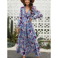 Ruffled tiered long-sleeved dress Floral long skirt 613415