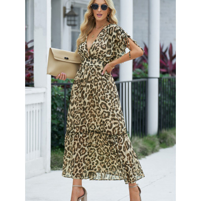 Leopard print dress mid-sleeve deep V-neck dress 619225