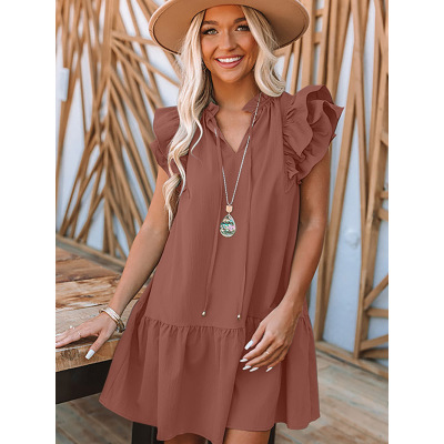 Solid color ruffled sleeveless V-neck knee-length skirt 6113284