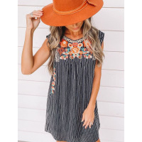 Embroidered striped print sleeveless knee-length dress 224069
