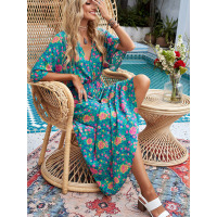 Printed dress with waist and long sleeves full skirt 618768