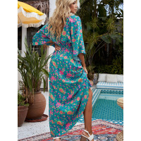 Printed dress with waist and long sleeves full skirt 618768