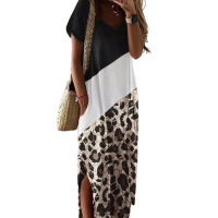 Leopard print color side slit T-shirt dress 6114512