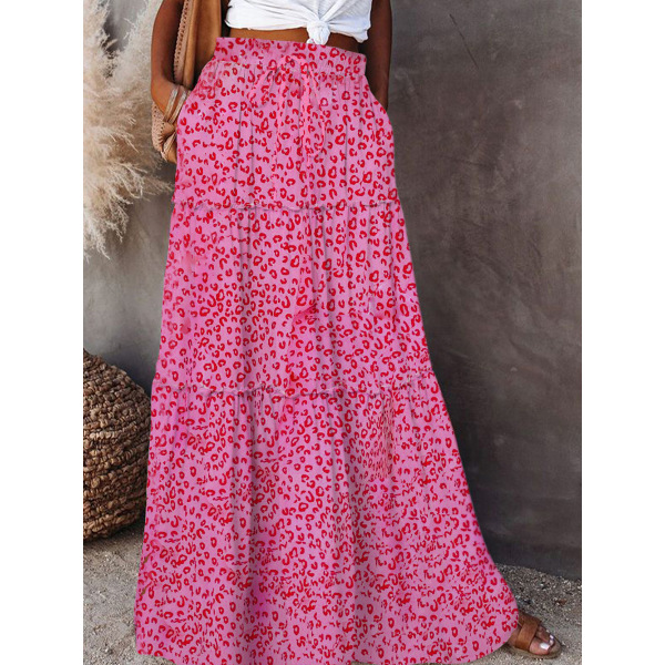 Pink leopard print skirt high waist long skirt 721354