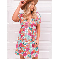 Short sleeve floral dress lace-up knee-length skirt 6113370
