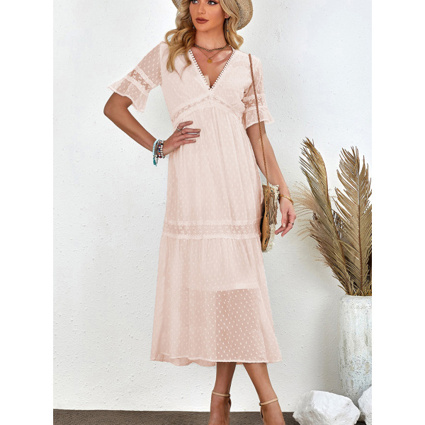 Short-sleeved dress Lace V-neck long dress 611811