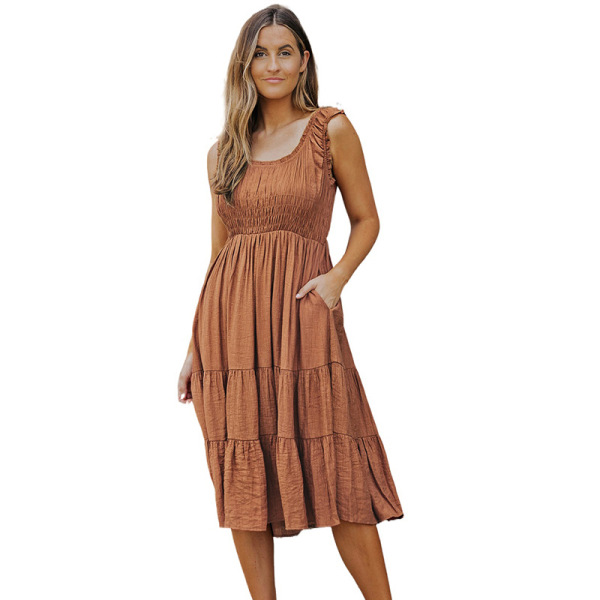 Solid color pleated sleeveless dress A-line skirt 619584
