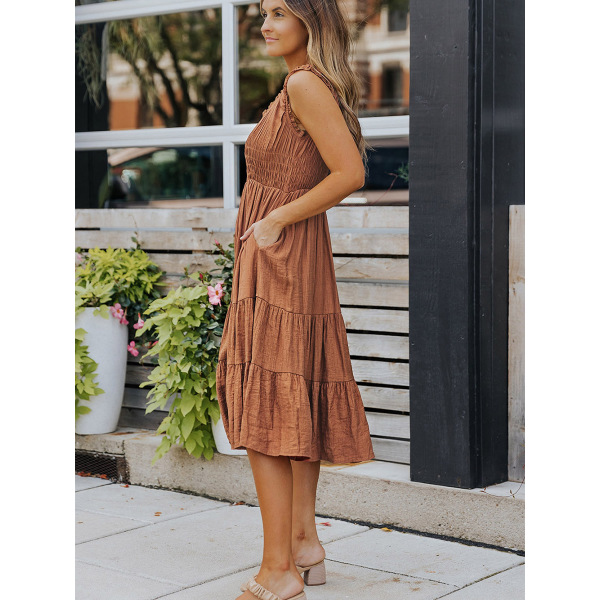 Solid color pleated sleeveless dress A-line skirt 619584