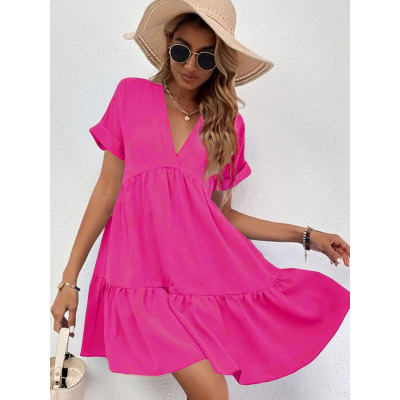 Solid color short-sleeved dress knee-length skirt 6111951