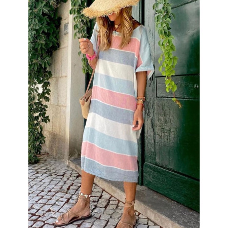 Striped color matching print dress full skirt 6114803
