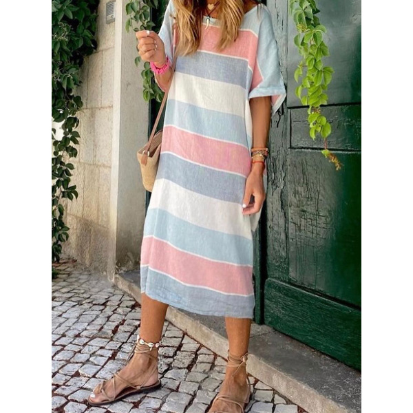 Striped color matching print dress full skirt 6114803