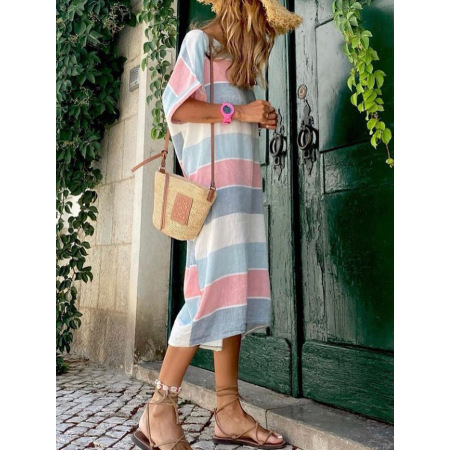 Striped color matching print dress full skirt 6114803