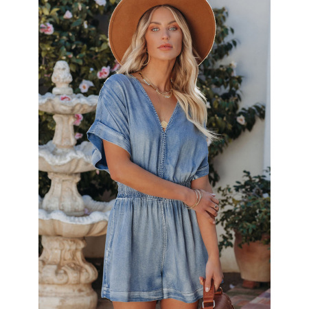 Denim romper Slim light V-neck shorts 6411055