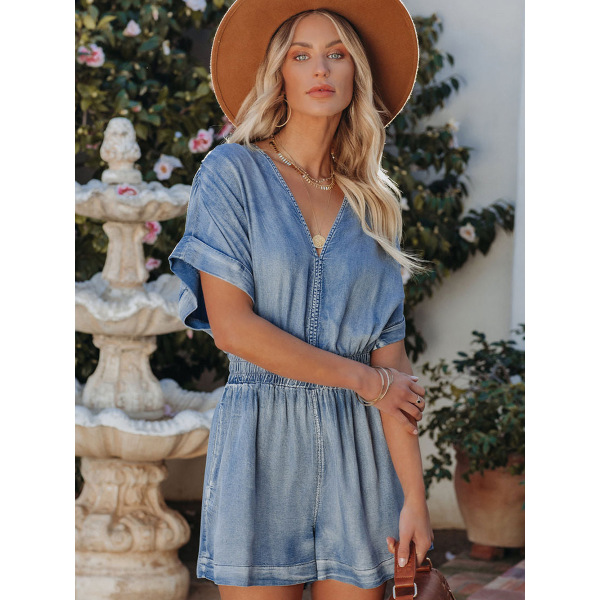 Denim romper Slim light V-neck shorts 6411055