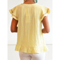 Embroidered V-neck pullover top short sleeve slim T-shirt LC25120617