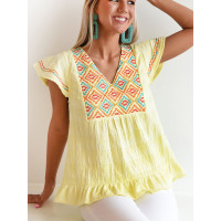 Embroidered V-neck pullover top short sleeve slim T-shirt LC25120617