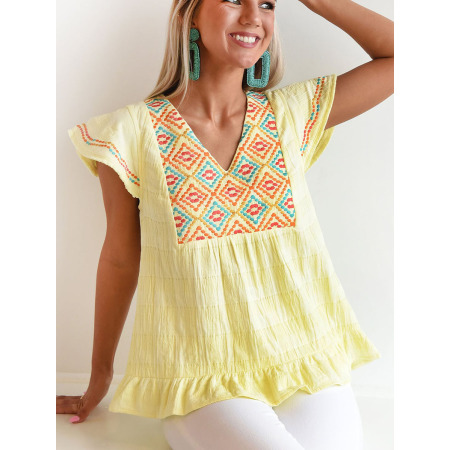Embroidered V-neck pullover top short sleeve slim T-shirt LC25120617