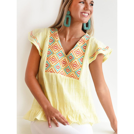 Embroidered V-neck pullover top short sleeve slim T-shirt LC25120617