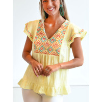 Embroidered V-neck pullover top short sleeve slim T-shirt LC25120617
