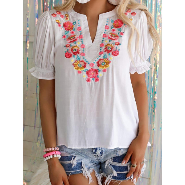 Floral embroidery ruffled shirt pullover top 25118381