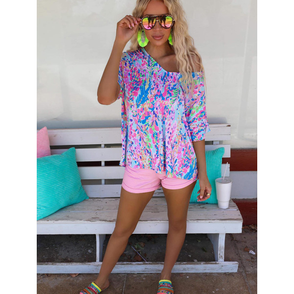 Floral painted T-shirt loose short sleeve top LC25219625