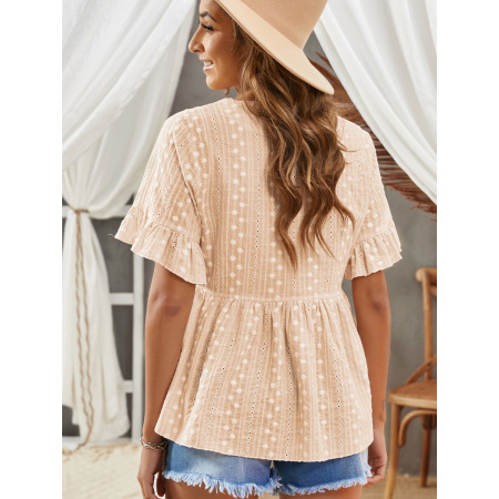 Line neck off-shoulder chiffon polka dot pullover top 252344