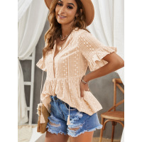 Line neck off-shoulder chiffon polka dot pullover top 252344