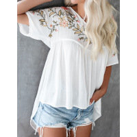 Pleated plant flower Embroidery casual top for women LC25120784
