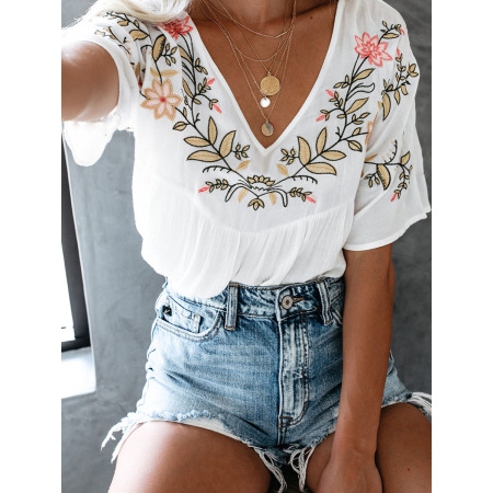 Pleated plant flower Embroidery casual top for women LC25120784