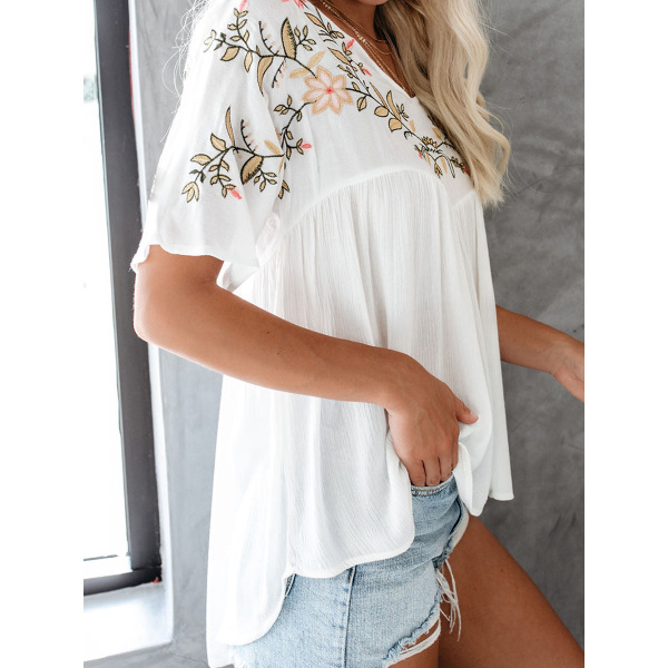 Pleated plant flower Embroidery casual top for women LC25120784