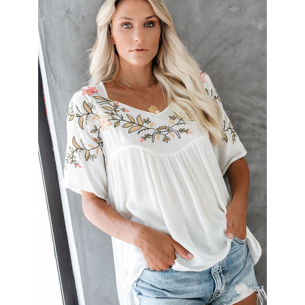Pleated plant flower Embroidery casual top for women LC25120784