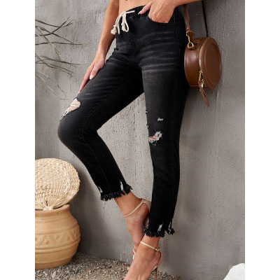 Washed nine-point jeans elastic lace-up shorts 782148