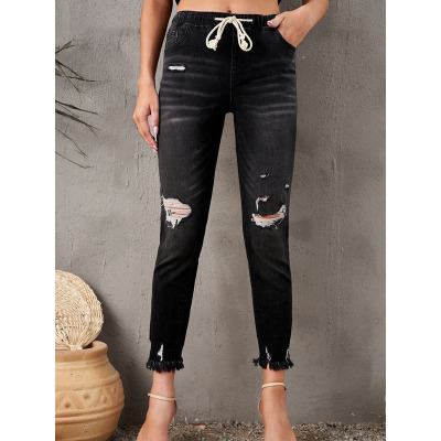 Washed nine-point jeans elastic lace-up shorts 782148