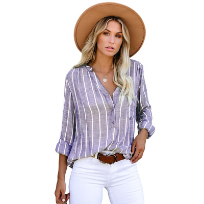 Striped loose long sleeves half-open button 24110916
