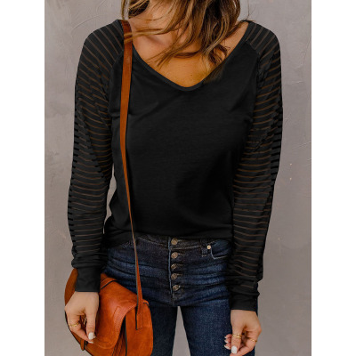 Transparent striped long sleeves simple V-neck 24110917